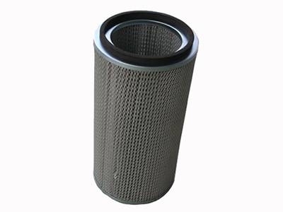A cartridge air filter has pleated media mesh, woven protective mesh and frame.